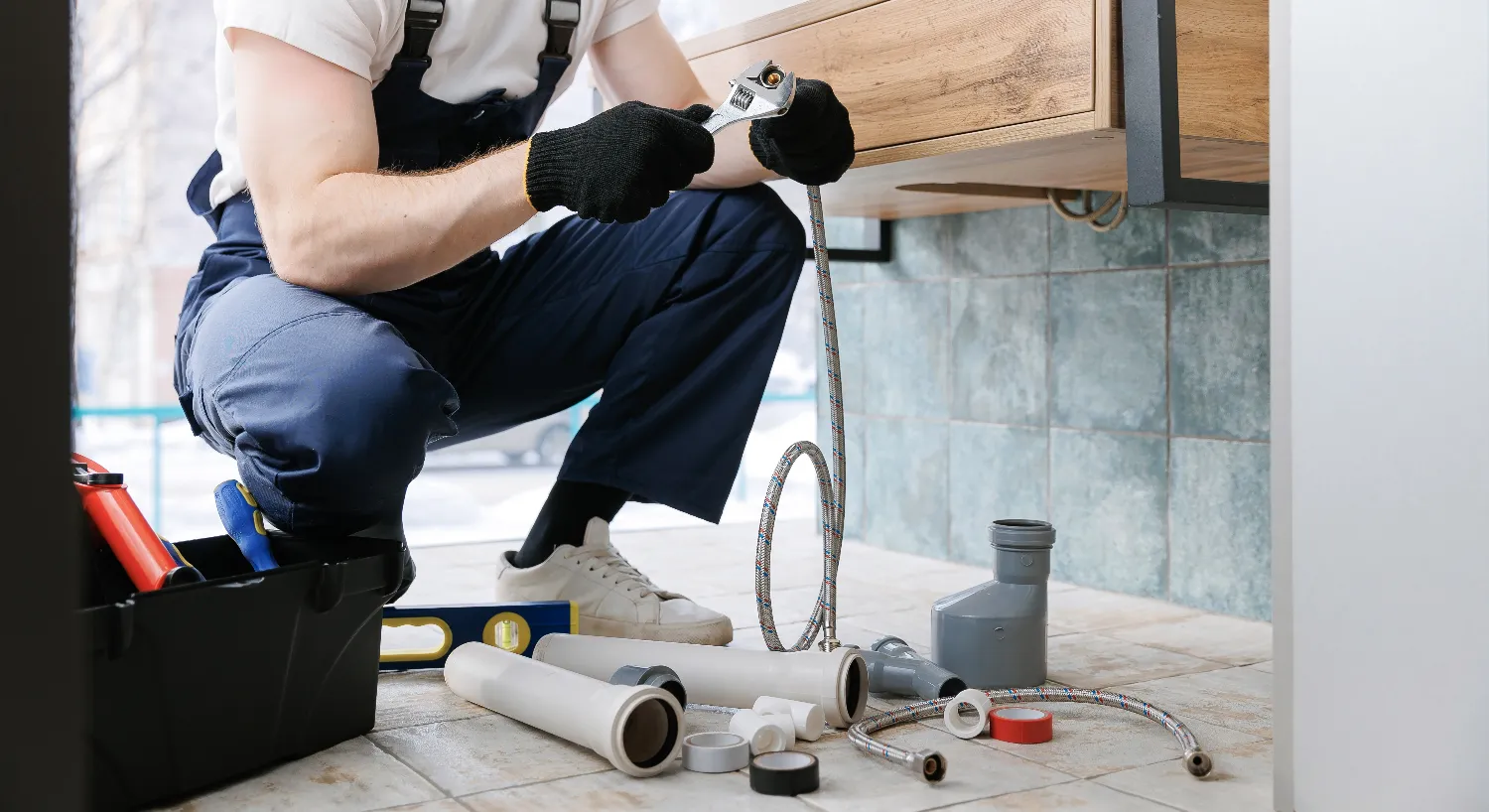 A plumber in blue overalls and gloves kneels on a bathroom floor, holding a wrench and a flexible hose, surrounded by assorted tools—ready to tackle bathroom repair with expert plumbing services.