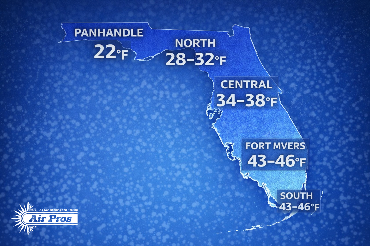 Cold Weather Alert: A map of Florida shows forecasted low temperatures by region—Panhandle 22°F, North 28–32°F, Central 34–38°F, Fort Myers and South 43–46°F. Air Pros logo at bottom left.